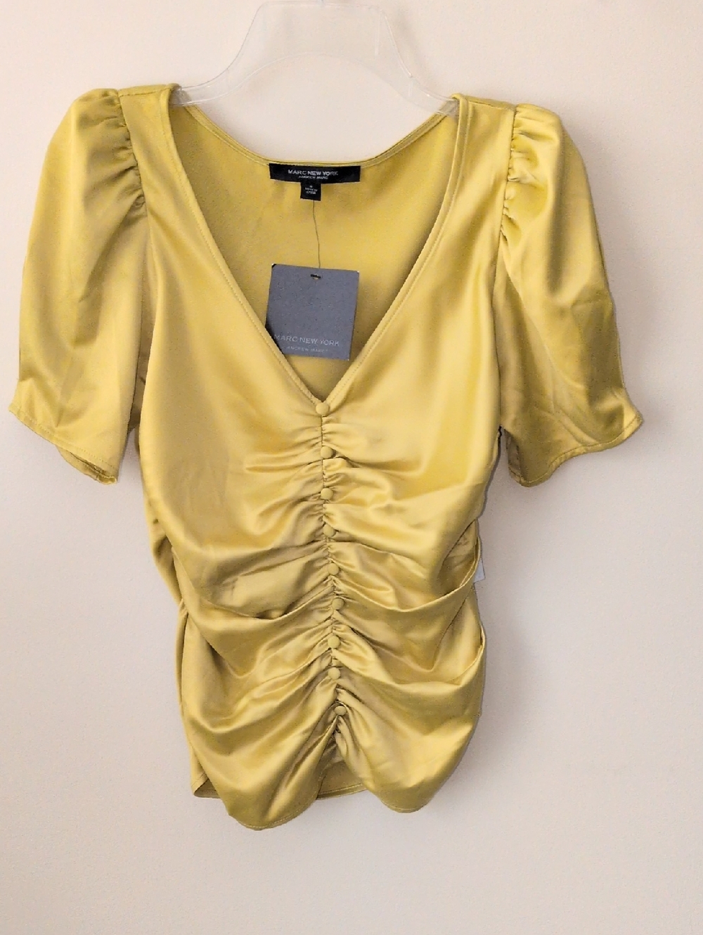 Marc New York Chartreuse Green Satin Ruched V-Neck Blouse